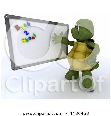 Clipart Of A 3d Tortoise Teacher Presenting Back 2 School Magnets On A White Board - Royalty Free CGI Illustration by KJ Pargeter