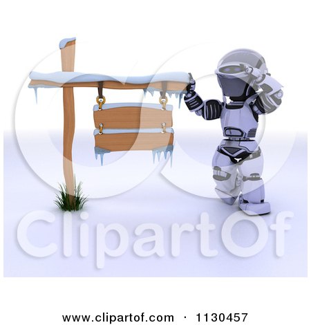 Clipart Of A 3d Robot Thinking By A Winter Sign - Royalty Free CGI Illustration by KJ Pargeter