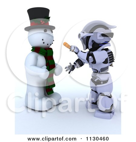 Clipart Of A 3d Robot Putting A Carrot Nose On A Snowman - Royalty Free CGI Illustration by KJ Pargeter