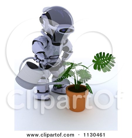 Clipart Of A 3d Robot Watering A Potted Plant - Royalty Free CGI Illustration by KJ Pargeter
