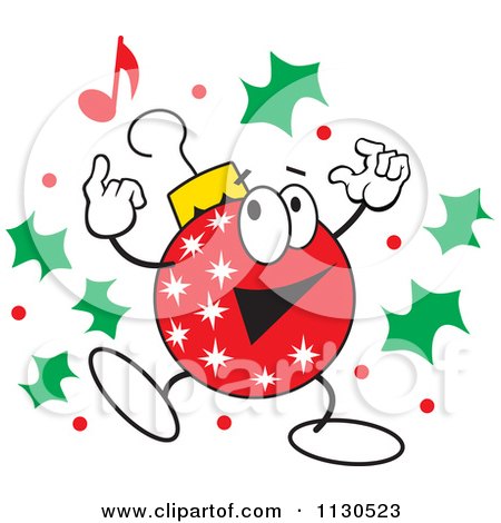 Cartoon Of A Christmas Ornament Character Dancing With Holly - Royalty Free Vector Clipart by Johnny Sajem