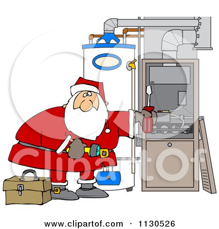 Cartoon Of Santa Working On A Hvac Furnace - Royalty Free Vector Clipart by djart