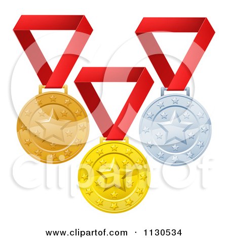 Clipart Of Gold Bronze And Silver Placement Award Winner Medals On Red Ribbons - Royalty Free Vector Illustration by AtStockIllustration