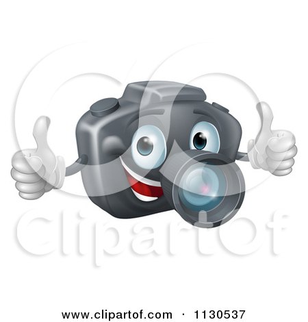 Cartoon Of A Happy DSLR Camera Mascot Holding Two Thumbs Up - Royalty Free Vector Clipart by AtStockIllustration