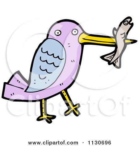 Cartoon Of A Purple Bird Eating A Fish - Royalty Free Vector Clipart by lineartestpilot