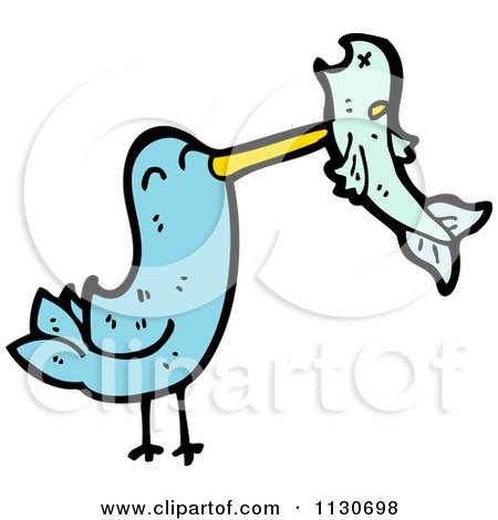 Cartoon Of A Blue Pigeon Eating A Fish - Royalty Free Vector Clipart by lineartestpilot