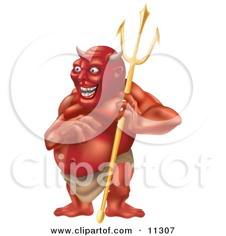 Laughing Horned Devil Holding a Pitchfork Clipart Illustration by AtStockIllustration