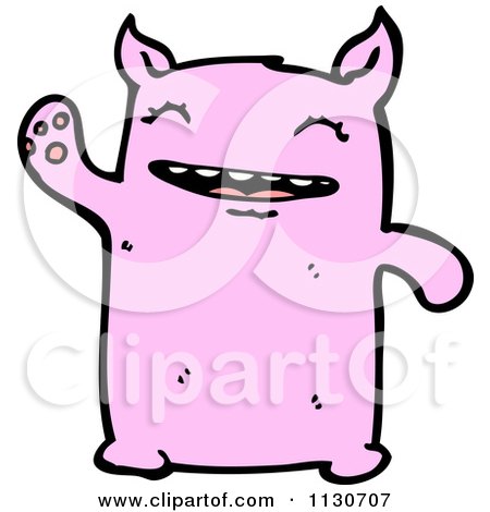 Cartoon Of A Cute Waving Pink Monster - Royalty Free Vector Clipart by lineartestpilot