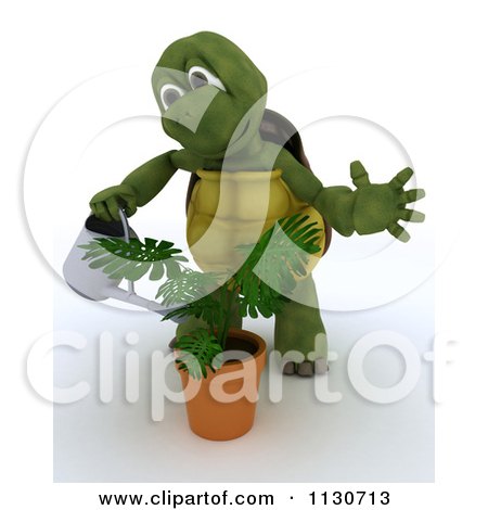 Clipart Of A 3d Tortoise Watering A Potted Plant - Royalty Free CGI Illustration by KJ Pargeter