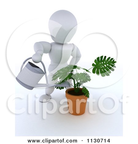 Clipart Of A 3d White Character Watering A Potted Plant - Royalty Free CGI Illustration by KJ Pargeter