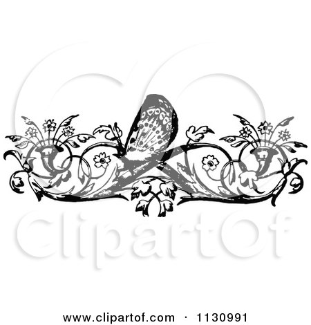Clipart Of A Retro Vintage Black And White Floral Butterfly Border - Royalty Free Vector Illustration by Prawny Vintage