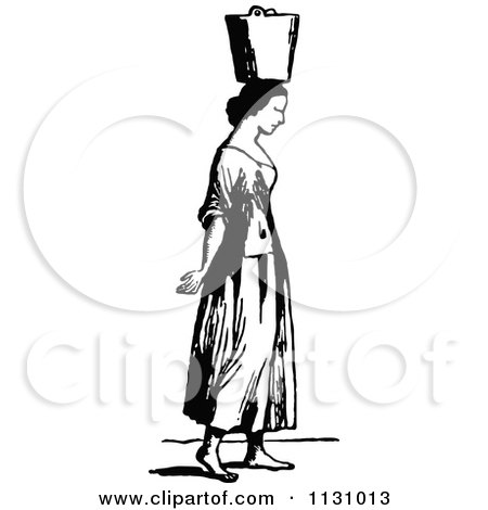 Clipart Of A Retro Vintage Black And White Woman Carrying A Water Pail On Her Head - Royalty Free Vector Illustration by Prawny Vintage