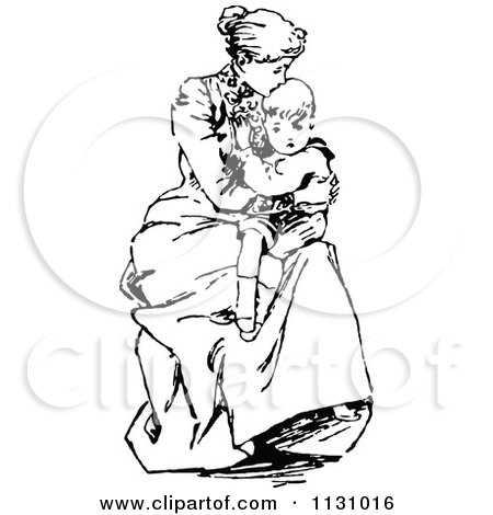 Clipart Of A Retro Vintage Black And White Mother Kissing Her Sons Forehead - Royalty Free Vector Illustration by Prawny Vintage