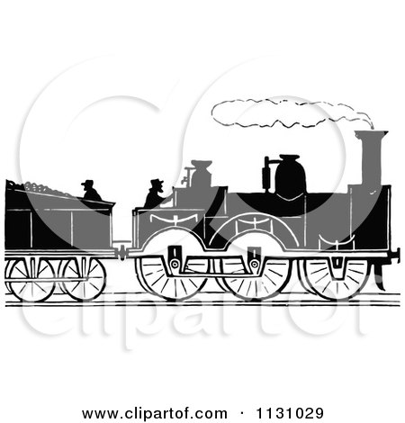 Clipart Of A Retro Vintage Silhouetted Steam Train And Workers - Royalty Free Vector Illustration by Prawny Vintage