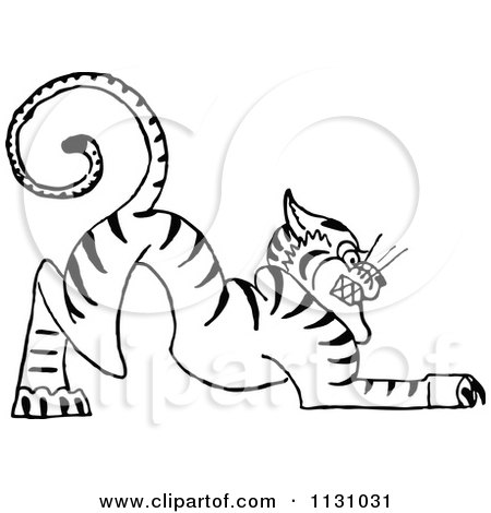 Clipart Of A Retro Vintage Black And White Tiger - Royalty Free Vector Illustration by Prawny Vintage