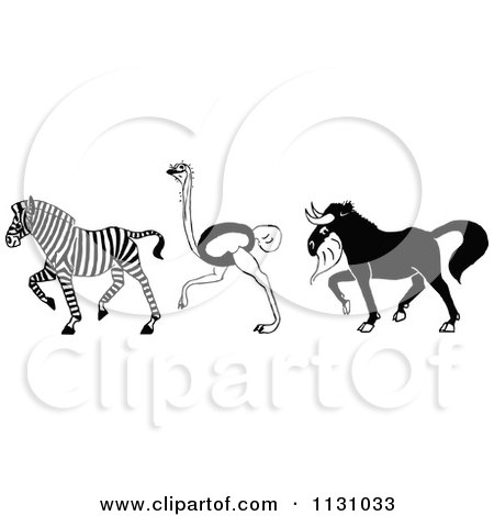 Clipart Of A Retro Vintage Black And White Zebra Ostrich And Horned Beast - Royalty Free Vector Illustration by Prawny Vintage