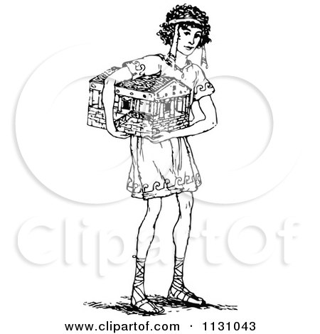 Clipart Of A Retro Vintage Black And White Boy Carrying A Toy House - Royalty Free Vector Illustration by Prawny Vintage