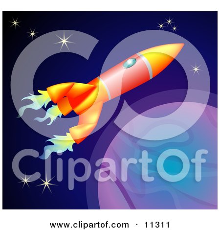 Space Shuttle Rocket Flying Past Planets and Stars in Space Clipart Illustration by AtStockIllustration