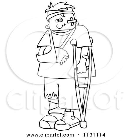 Cartoon Of An Outlined Injured Boy With A Crutch And Sling - Royalty Free Vector Clipart by djart