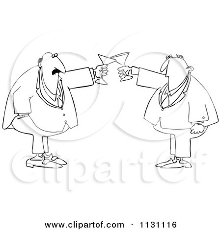 Cartoon Of Outlined Men Clanking Their Glasses In A Toast - Royalty Free Vector Clipart by djart