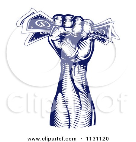 Clipart Of A Blue Woodcut Revolutionary Fist Holding Money - Royalty Free Vector Illustration by AtStockIllustration