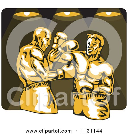 Clipart Of Retro Male Boxers Fighting Under Lights - Royalty Free Vector Illustration by patrimonio