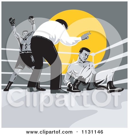 Clipart Of Retro Referee Counting Down At Boxers In A Ring - Royalty Free Vector Illustration by patrimonio