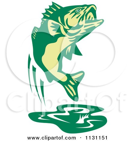 Clipart Of A Retro Green Jumping Largemouth Bass Fish - Royalty Free Vector Illustration by patrimonio