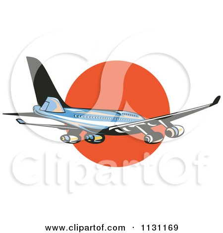Clipart Of A Retro Blue Commercial Airliner Plane Against The Sunset - Royalty Free Vector Illustration by patrimonio