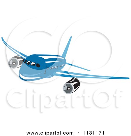 Clipart Of A Retro Blue Commercial Airliner Plane - Royalty Free Vector Illustration by patrimonio