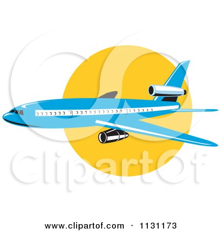Clipart Of A Retro Blue Commercial Airliner Plane Against The Sun - Royalty Free Vector Illustration by patrimonio