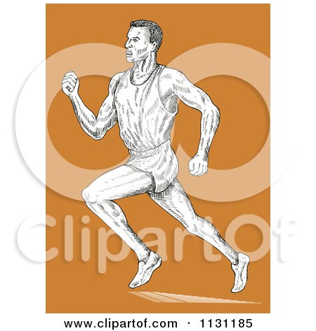 Clipart Of A Retro Sketched Male Runner Over Orange - Royalty Free Vector Illustration by patrimonio