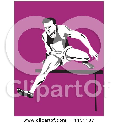 Clipart Of A Retro Male Athlete Jumping A Hurdle 2 - Royalty Free