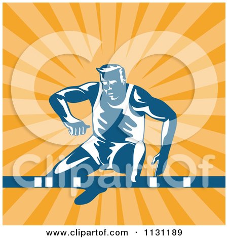 Clipart Of A Retro Male Athlete Jumping A Hurdle Over Rays - Royalty Free Vector Illustration by patrimonio