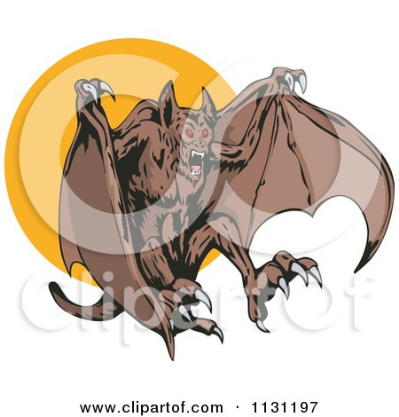 Clipart Of A Demonic Vampire Bat Attacking Over A Full Moon - Royalty Free Vector Illustration by patrimonio