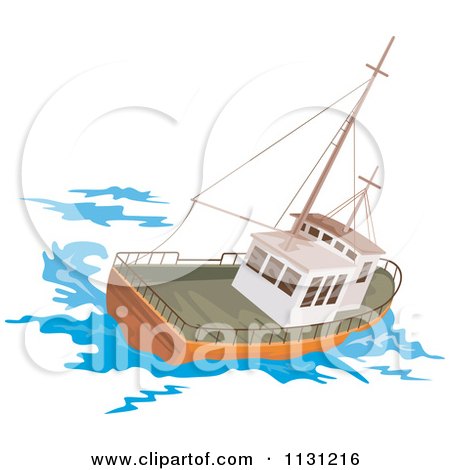 Clipart Of A Retro Fishing Boat At Sea - Royalty Free Vector Illustration by patrimonio