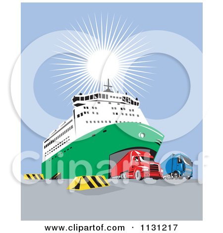 Clipart Of Big Rigs Driving Out From A Ship - Royalty Free Vector Illustration by patrimonio