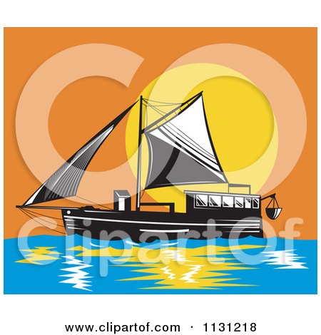 Clipart Of A Schooner Boat At Sunset - Royalty Free Vector Illustration by patrimonio