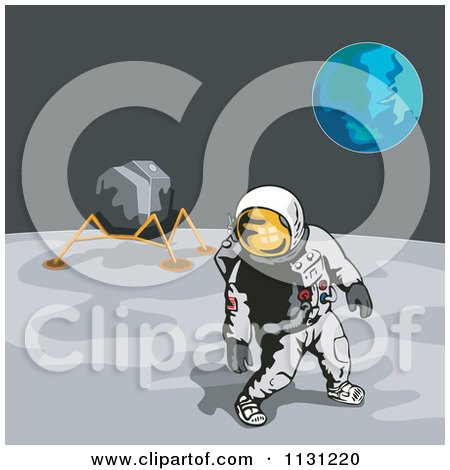 Clipart Of A Retro Astronaut And Lunar Module On The Moon With Earth In The Distance - Royalty Free Vector Illustration by patrimonio