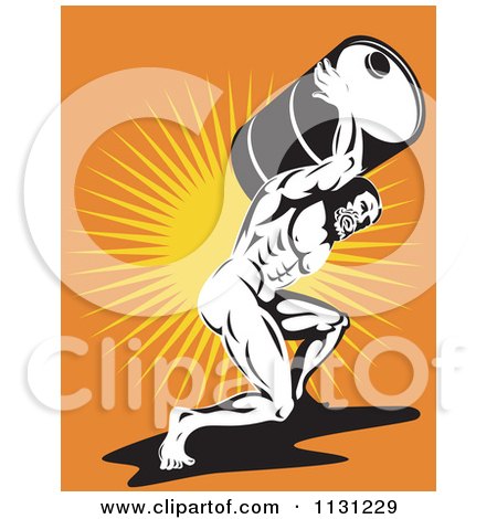 Clipart Of A Retro Atlas Strong Man Carrying A Burden Oil Barrel Over Rays - Royalty Free Vector Illustration by patrimonio