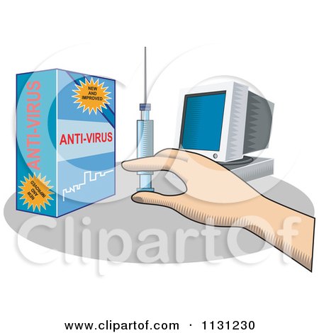 Clipart Of A Hand Holding A Syringe Of Anti Virus For A Computer - Royalty Free Vector Illustration by patrimonio
