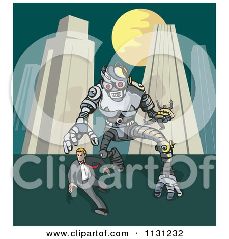 Clipart Of A Robot Chasing A Man In A City - Royalty Free Vector Illustration by patrimonio