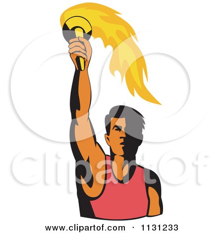 Clipart Of A Retro Male Athlete Holding Up A Torch - Royalty Free Vector Illustration by patrimonio
