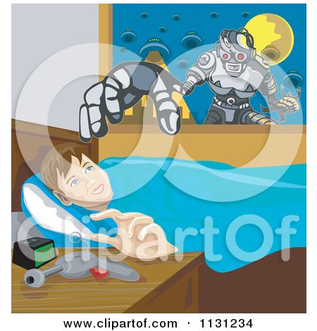 Clipart Of A Boy Thinking Of Robots As He Sets His Ray Gun On A Night Stand At Bedtime - Royalty Free Vector Illustration by patrimonio