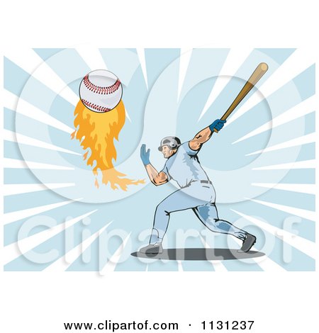 Clipart Of A Retro Male Baseball Athlete Hitting A Flaming Ball Over Rays - Royalty Free Vector Illustration by patrimonio