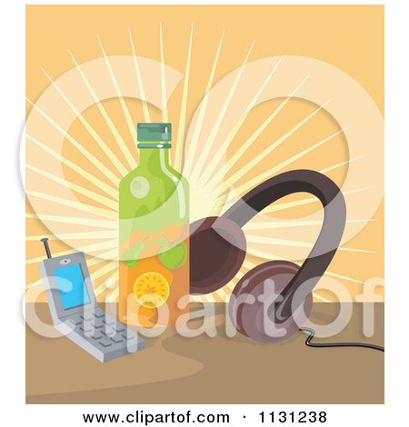 Clipart Of A Juice Bottle Cell Phone And Headphones With Rays - Royalty Free Vector Illustration by patrimonio
