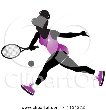 Clipart Of A Silhouetted Tennis Woman In A Purple Outfit - Royalty Free Vector Illustration by Lal Perera