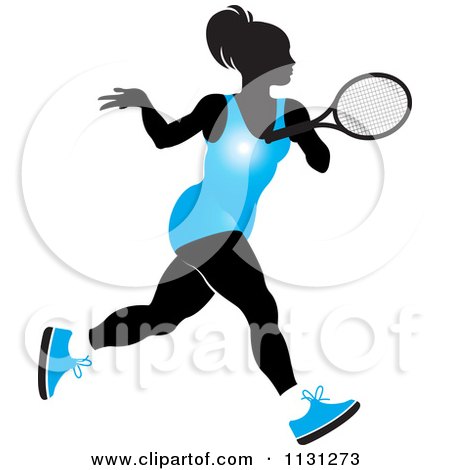 Clipart Of A Silhouetted Tennis Woman In A Blue Outfit - Royalty Free Vector Illustration by Lal Perera
