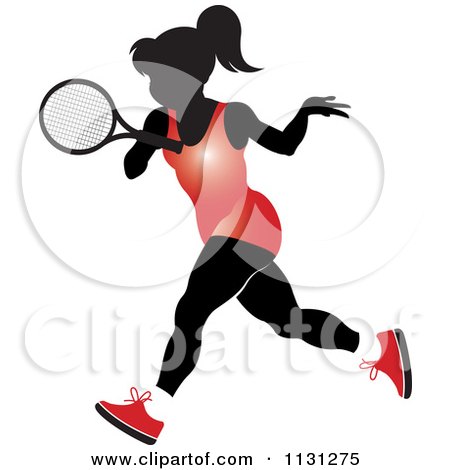 Clipart Of A Silhouetted Tennis Woman In A Red Outfit - Royalty Free Vector Illustration by Lal Perera