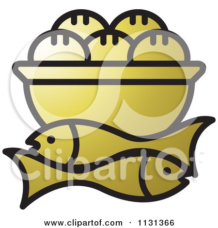 Clipart Of A Gold Bowl Of Bread And Fish - Royalty Free Vector Illustration by Lal Perera
